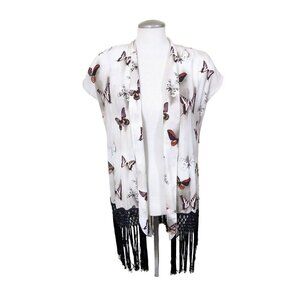 Womens Size 14 Longline Open Vest Fringed Butterfly Print Festival Artsy Boho